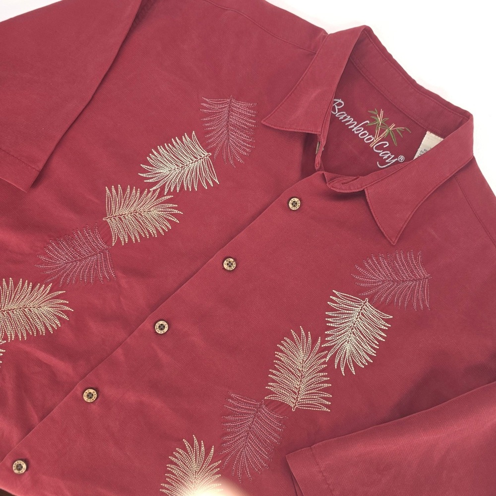 Bamboo Cay Embroidered Palm Leaf Shirt XL Red Button‎ Front Short Sleeve Casual